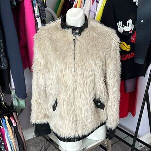 Noize Cream Faux Fur Jacket with Black Faux Leather Details